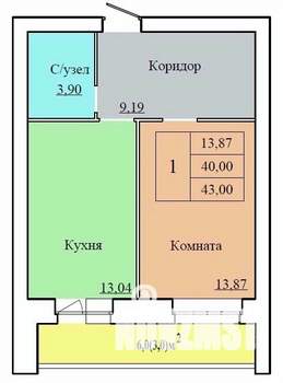 1-к квартира, строящийся дом, 43м2, 9/12 этаж