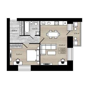 1-к квартира, вторичка, 53м2, 3/9 этаж