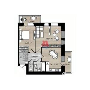 2-к квартира, вторичка, 61м2, 7/8 этаж