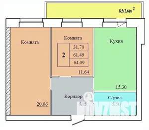 2-к квартира, строящийся дом, 64м2, 9/12 этаж
