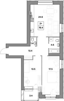 2-к квартира, строящийся дом, 78м2, 2/4 этаж