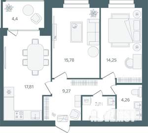 2-к квартира, строящийся дом, 67м2, 8/16 этаж