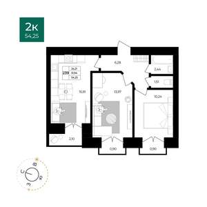 2-к квартира, вторичка, 54м2, 10/12 этаж